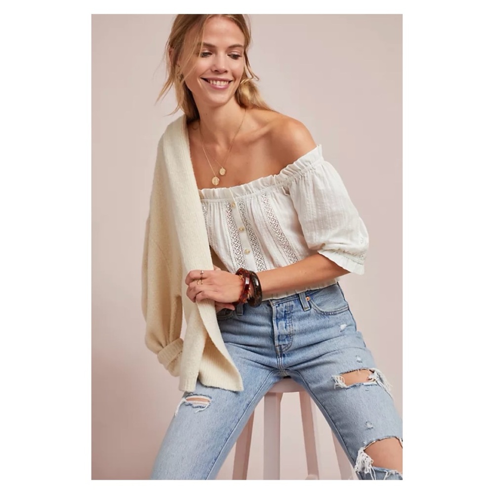 NWOT Anthropologie Eyelet Buttondown Top In Ivory  Size 6P